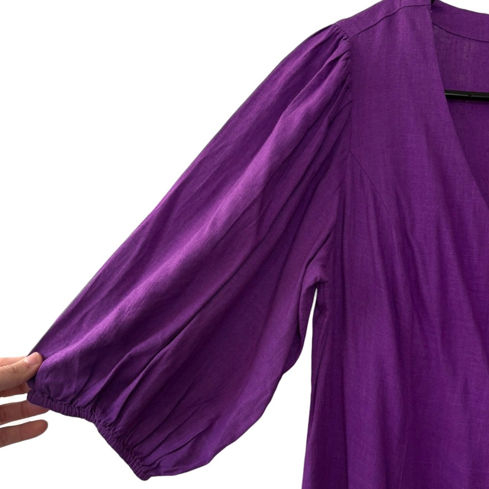 J. Jill Purple Linen Blend Midi Dress Puff Sleeve Button Front V Neck NWT Size S - Picture 4 of 8